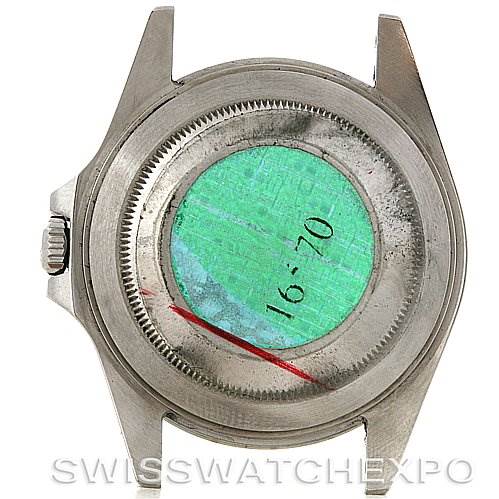 The image shows the back case of a Rolex Explorer 16570 Men's Stainless Steel White Dial 16570 Men's Stainless Steel White Dial watch viewed from the back, highlighting the crown and lugs.