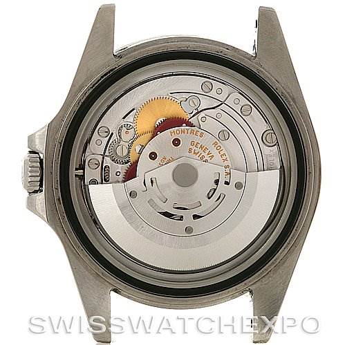 The image shows the back view of a Rolex Explorer 16570 Men's Stainless Steel White Dial 16570 Men's Stainless Steel White Dial watch, focusing on its exposed movement and internal components.