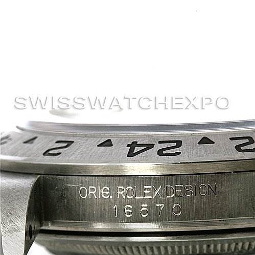 The image shows a close-up side view of the bezel and casing of a Rolex Explorer 16570 Men's Stainless Steel White Dial 16570 Men's Stainless Steel White Dial model watch.
