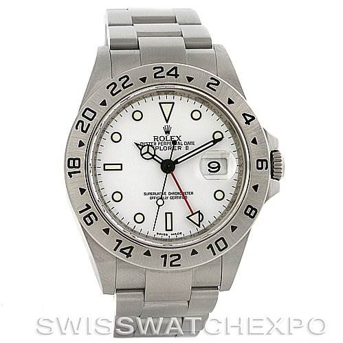 The image shows a front view of a Rolex Explorer 16570 Men's Stainless Steel White Dial 16570 Men's Stainless Steel White Dial watch, featuring its bezel, dial, hands, and bracelet.