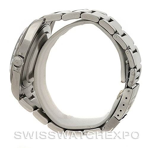 The image shows a side view of a Rolex Explorer 16570 Men's Stainless Steel White Dial 16570 Men's Stainless Steel White Dial watch, highlighting the case, crown, and metal bracelet.