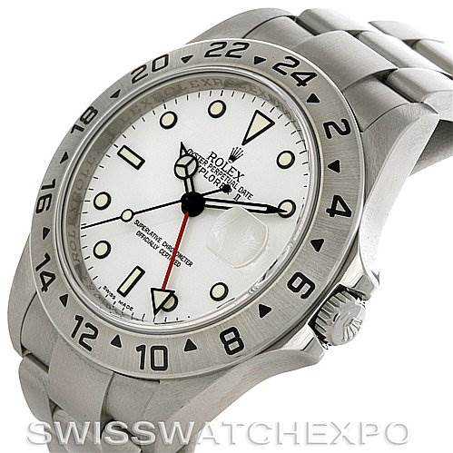 The image shows a Rolex Explorer 16570 Men's Stainless Steel White Dial 16570 Men's Stainless Steel White Dial model watch at a slight angle, highlighting its face, bezel, crown, and part of its bracelet.