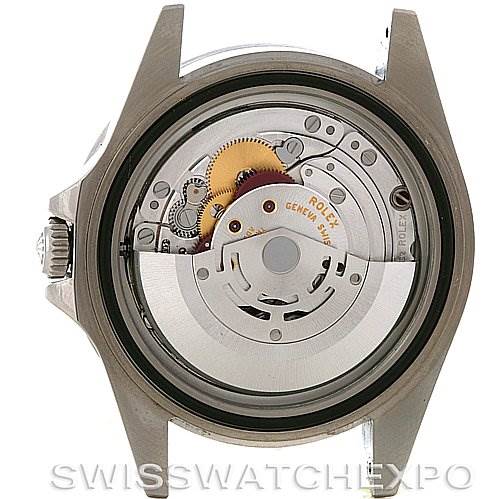 This image shows the back view of an open Rolex Explorer 16570 Men's Stainless Steel White Dial 16570 Men's Stainless Steel White Dial watch, revealing its intricate movement and internal components.