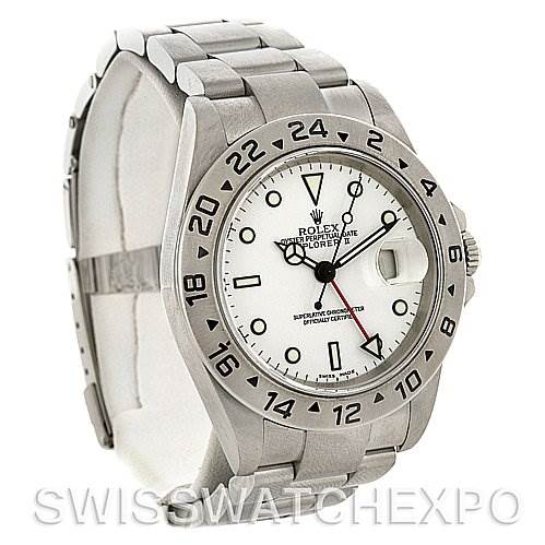 This image shows a side-on view of the Rolex Explorer 16570 Men's Stainless Steel White Dial 16570 Men's Stainless Steel White Dial watch, highlighting the bezel, dial, crown, and bracelet.