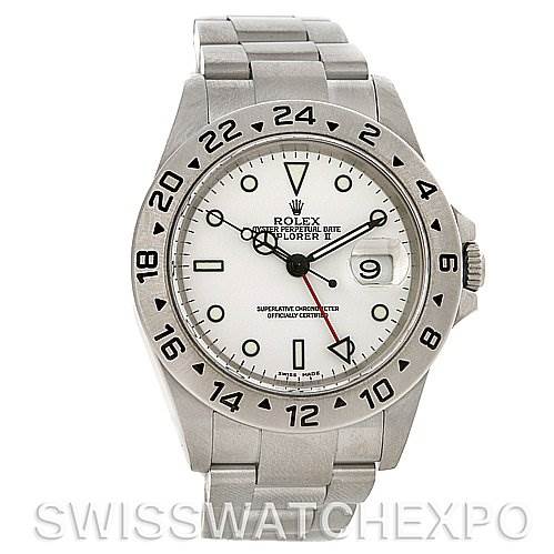 The Rolex Explorer 16570 Men's Stainless Steel White Dial 16570 Men's Stainless Steel White Dial watch is shown from a frontal angle displaying the dial, bezel, and part of the bracelet.