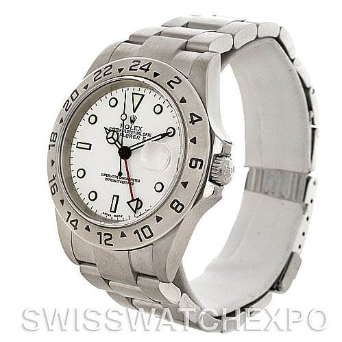 This image shows a Rolex Explorer 16570 Men's Stainless Steel White Dial 16570 Men's Stainless Steel White Dial watch from an angled front view, highlighting its face, bezel, and part of the bracelet.