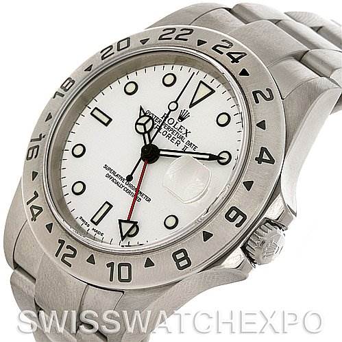 The image shows a Rolex Explorer 16570 Men's Stainless Steel White Dial 16570 Men's Stainless Steel White Dial watch from an angled top view, displaying the face, bezel, crown, and bracelet.