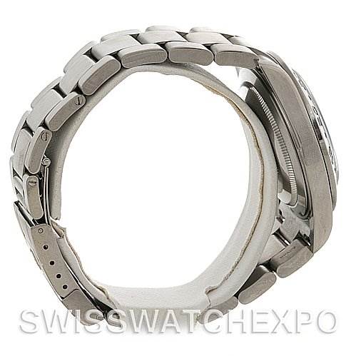 This image shows the side view of a Rolex Explorer 16570 Men's Stainless Steel White Dial 16570 Men's Stainless Steel White Dial watch, focusing on its bracelet and profile.