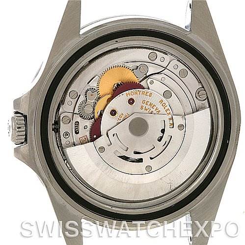 The image shows the back view of a Rolex Explorer 16570 Men's Stainless Steel White Dial 16570 Men's Stainless Steel White Dial watch, revealing its internal mechanical movement.