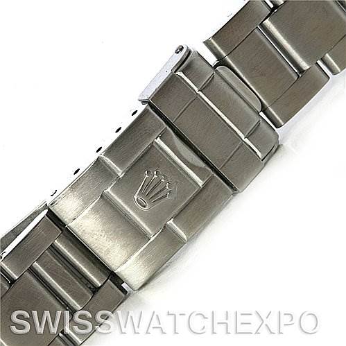 This image shows a close-up of the stainless steel bracelet and clasp of a Rolex Explorer 16570 Men's Stainless Steel White Dial 16570 Men's Stainless Steel White Dial watch.