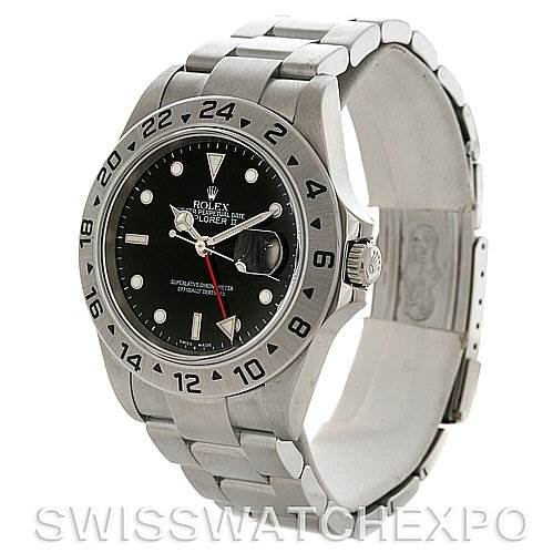 The Rolex Explorer 16570 Men's Stainless Steel Black Dial 16570 Men's Stainless Steel Black Dial watch is shown at a 3/4 angle, revealing the face, bezel, crown, and bracelet.