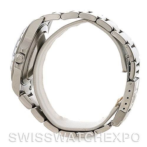 The image shows a Rolex Explorer 16570 Men's Stainless Steel Black Dial 16570 Men's Stainless Steel Black Dial watch taken from a side angle, displaying the case, crown, and bracelet.