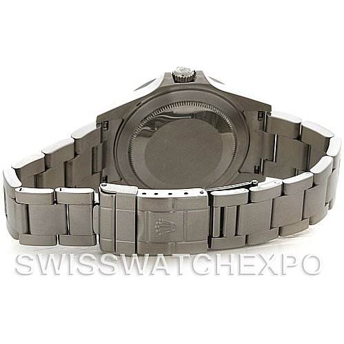 The image shows the back of the Rolex Explorer 16570 Men's Stainless Steel Black Dial 16570 Men's Stainless Steel Black Dial watch, highlighting its case back and metal bracelet with a clasp.