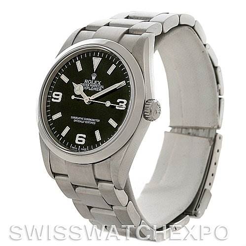 The Rolex Explorer 114270 Men's Stainless Steel Black Dial 114270 Men's Stainless Steel Black Dial watch is shown at a slight left-side angle, displaying the face, bezel, case, and bracelet.