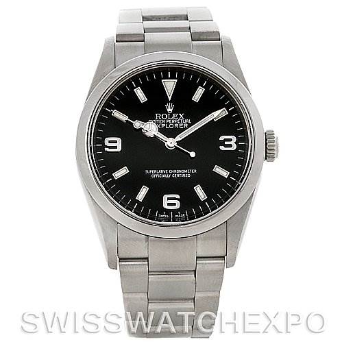 This image shows a front view of the Rolex Explorer 114270 Men's Stainless Steel Black Dial 114270 Men's Stainless Steel Black Dial watch, highlighting its dial, bezel, and bracelet.