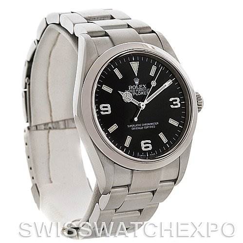The image shows a Rolex Explorer 114270 Men's Stainless Steel Black Dial 114270 Men's Stainless Steel Black Dial watch, angled to display the dial, bracelet, bezel, and crown.