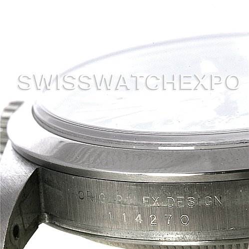The image shows a close-up side view of the Rolex Explorer 114270 Men's Stainless Steel Black Dial 114270 Men's Stainless Steel Black Dial model, highlighting the bezel and case with the model number 114270.