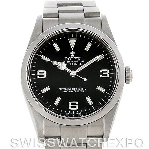 This image shows a front view of the Rolex Explorer 114270 Men's Stainless Steel Black Dial 114270 Men's Stainless Steel Black Dial watch, highlighting its black dial, stainless steel case, and bracelet.