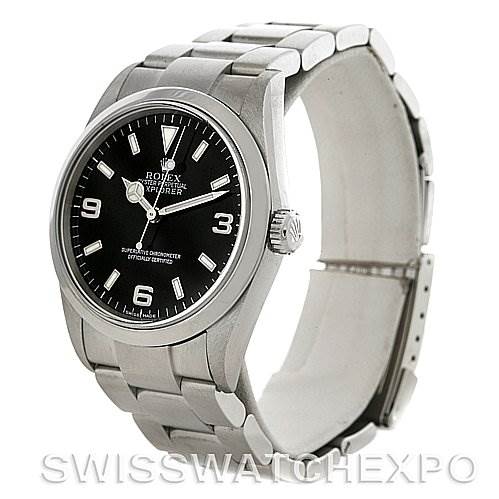 The image shows a Rolex Explorer 114270 Men's Stainless Steel Black Dial 114270 Men's Stainless Steel Black Dial watch at a three-quarter angle, highlighting the dial, bezel, bracelet, and clasp.