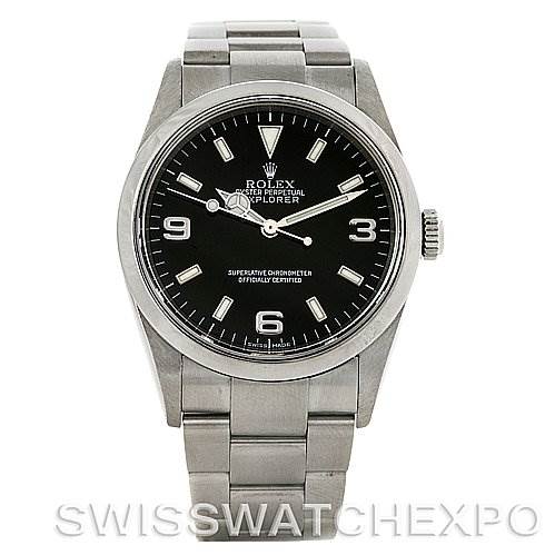 This image shows a front view of a Rolex Explorer 114270 Men's Stainless Steel Black Dial 114270 Men's Stainless Steel Black Dial watch, highlighting its face, bezel, and metal bracelet.