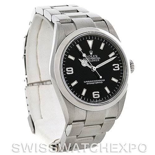 The image shows a front-side view of a Rolex Explorer 114270 Men's Stainless Steel Black Dial 114270 Men's Stainless Steel Black Dial watch, displaying the face, bezel, and part of the bracelet.