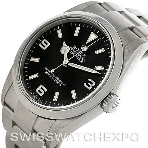 The image shows a Rolex Explorer 114270 Men's Stainless Steel Black Dial 114270 Men's Stainless Steel Black Dial watch at a slight angle, highlighting the dial, bezel, and part of the bracelet.