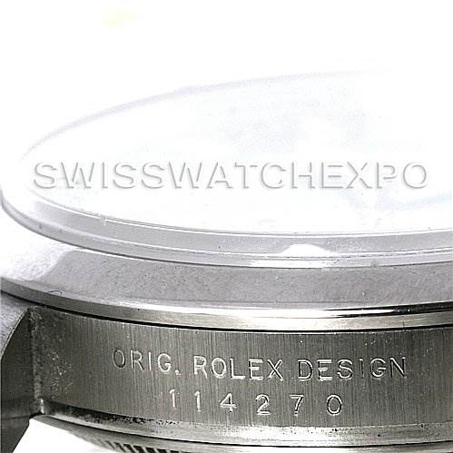 The image shows the side view of a Rolex Explorer 114270 Men's Stainless Steel Black Dial 114270 Men's Stainless Steel Black Dial watch, highlighting the engraved model and design number "114270".