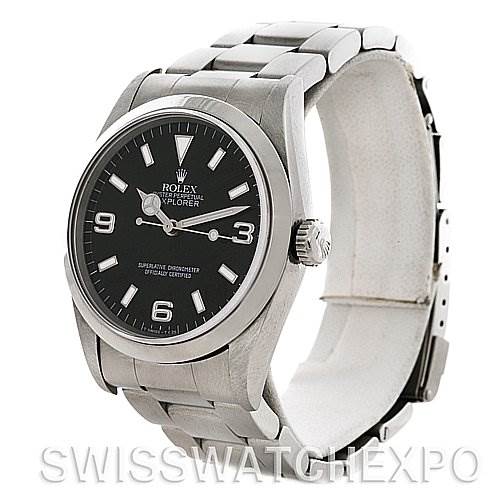 The photo of the Rolex Explorer 14270 Men's Stainless Steel Black Dial 14270 Men's Stainless Steel Black Dial watch shows a front angle highlighting the black dial, bezel, case, and stainless steel bracelet.