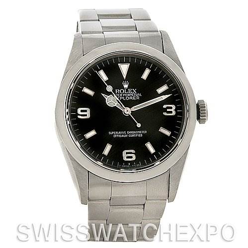 The image shows a front view of a Rolex Explorer 14270 Men's Stainless Steel Black Dial 14270 Men's Stainless Steel Black Dial watch, including the dial, crown, and bracelet.
