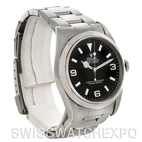 This image shows a Rolex Explorer 14270 Men's Stainless Steel Black Dial 14270 Men's Stainless Steel Black Dial watch from the front left angle, highlighting the face, bezel, and part of the bracelet.