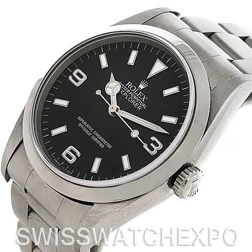 The image shows a Rolex Explorer 14270 Men's Stainless Steel Black Dial 14270 Men's Stainless Steel Black Dial watch at a slightly angled view, focusing on the dial, bezel, crown, and part of the bracelet.
