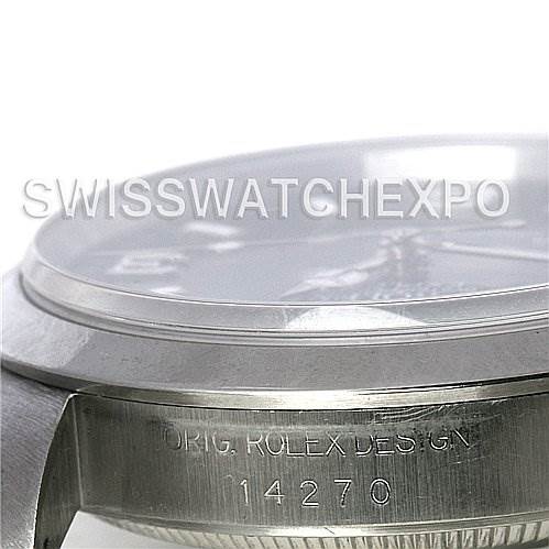 The image shows a close-up side view of the bezel and case on a Rolex Explorer 14270 Men's Stainless Steel Black Dial 14270 Men's Stainless Steel Black Dial model, highlighting the model number 14270.