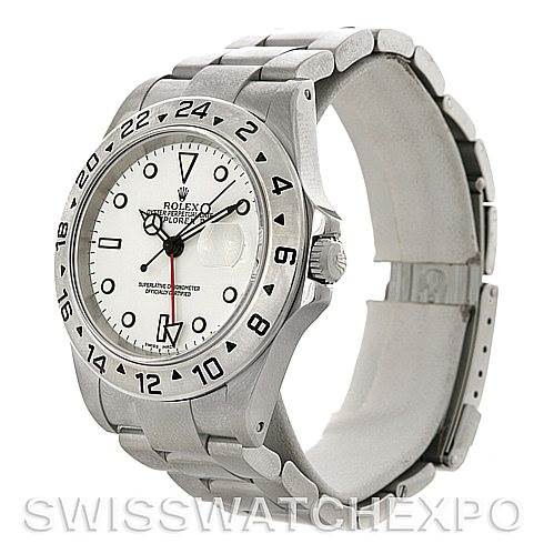 This image displays a Rolex Explorer 16570 Men
s Stainless Steel White Dial 16570 Men
s Stainless Steel White Dial model watch from an angled front view, showcasing its face, bezel, and part of its bracelet.