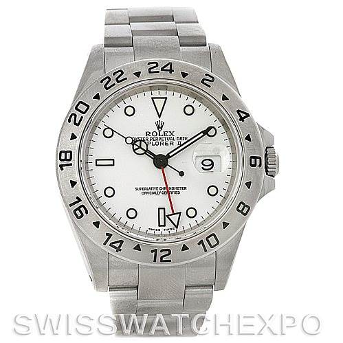 The image shows a front view of a Rolex Explorer 16570 Men
s Stainless Steel White Dial 16570 Men
s Stainless Steel White Dial model watch, including the bezel, dial, hands, and bracelet.