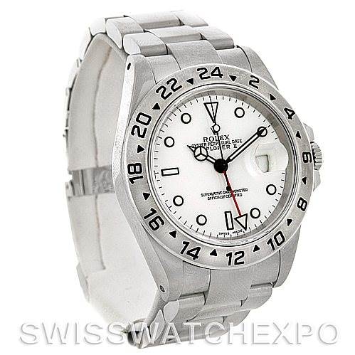 This image shows a side view of a Rolex Explorer 16570 Men
s Stainless Steel White Dial 16570 Men
s Stainless Steel White Dial watch, highlighting its white dial, bezel, and metal bracelet.