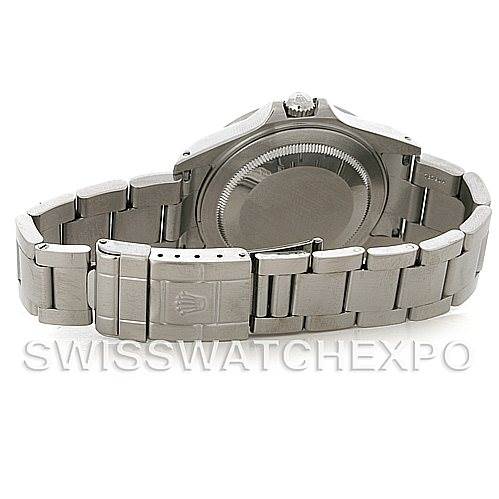 This image shows the back and clasp of a Rolex Explorer 16570 Men
s Stainless Steel White Dial 16570 Men
s Stainless Steel White Dial watch with a stainless steel bracelet.