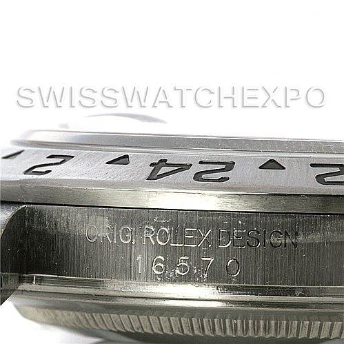 This image shows a close-up side view of the Rolex Explorer 16570 Men
s Stainless Steel White Dial 16570 Men
s Stainless Steel White Dial, highlighting the engraved model number 16570 and parts of the bezel.