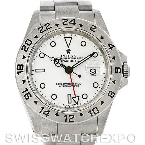 The image shows a front view of a Rolex Explorer 16570 Men
s Stainless Steel White Dial 16570 Men
s Stainless Steel White Dial watch, displaying its face, bezel, dial, and part of the bracelet.
