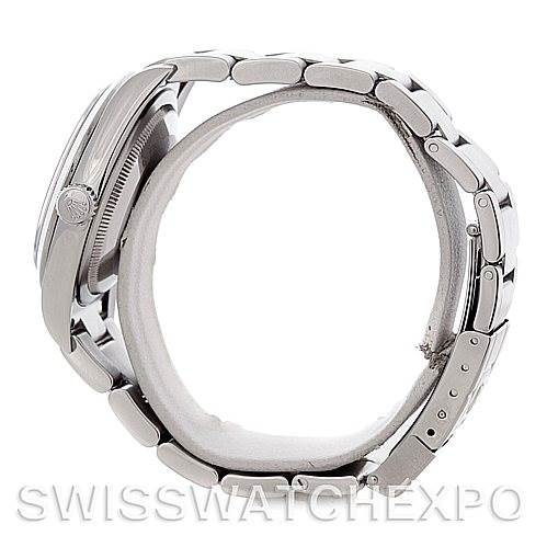 This image shows a side profile of a Rolex Explorer 114270 Men's Stainless Steel Black Dial 114270 Men's Stainless Steel Black Dial watch, focusing on the crown and metal bracelet.