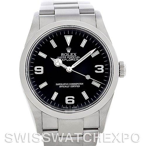 This is a front-facing image of a Rolex Explorer 114270 Men's Stainless Steel Black Dial 114270 Men's Stainless Steel Black Dial model, highlighting the face, bezel, crown, and bracelet.