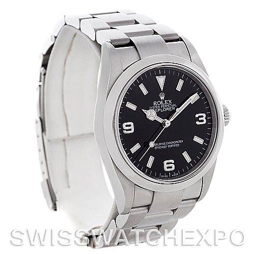 This image shows a side and front view of the Rolex Explorer 114270 Men's Stainless Steel Black Dial 114270 Men's Stainless Steel Black Dial watch, highlighting the bracelet, bezel, dial, and crown.