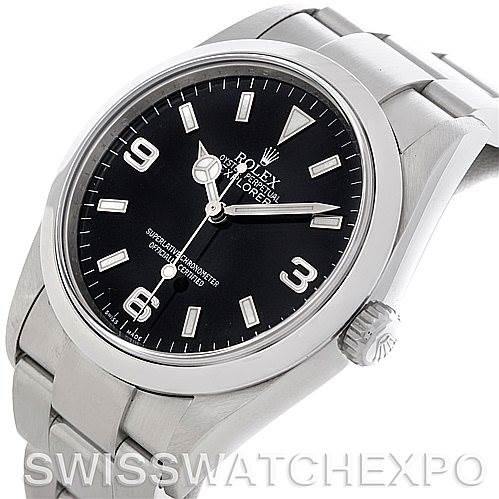 This image shows a Rolex Explorer 114270 Men's Stainless Steel Black Dial 114270 Men's Stainless Steel Black Dial watch at an angled view, highlighting its dial, bezel, crown, and part of the bracelet.
