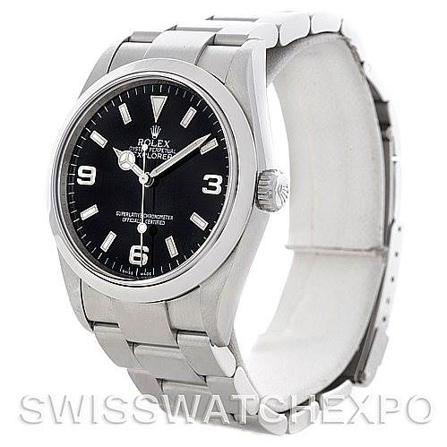 The image shows a frontal view of the Rolex Explorer 114270 Men's Stainless Steel Black Dial 114270 Men's Stainless Steel Black Dial watch, displaying the dial, bezel, and part of the metal bracelet.