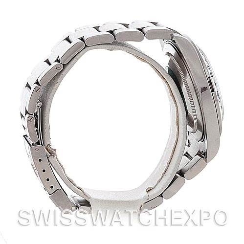 The image shows a side view of a Rolex Explorer 16570 Men's Stainless Steel White Dial 16570 Men's Stainless Steel White Dial watch, highlighting its bracelet and case profile.