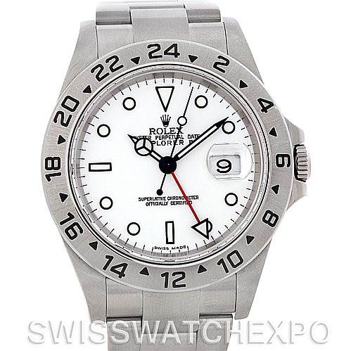 The image shows a frontal view of a Rolex Explorer 16570 Men's Stainless Steel White Dial 16570 Men's Stainless Steel White Dial watch, highlighting its dial, bezel, and bracelet.