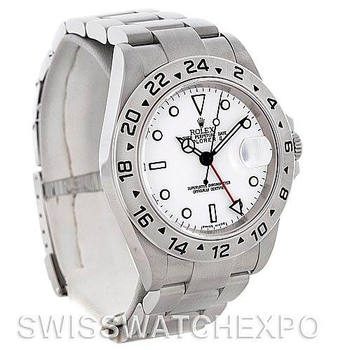 The image shows a side angle of a Rolex Explorer 16570 Men's Stainless Steel White Dial 16570 Men's Stainless Steel White Dial watch, featuring its bezel, dial, hands, and bracelet.