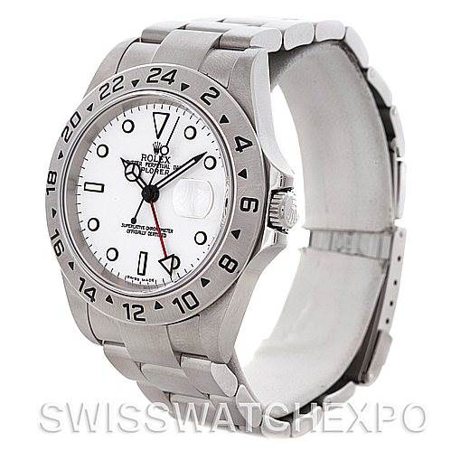 This Rolex Explorer 16570 Men's Stainless Steel White Dial 16570 Men's Stainless Steel White Dial watch is shown at an angled view, displaying the bezel, face, and part of the bracelet.
