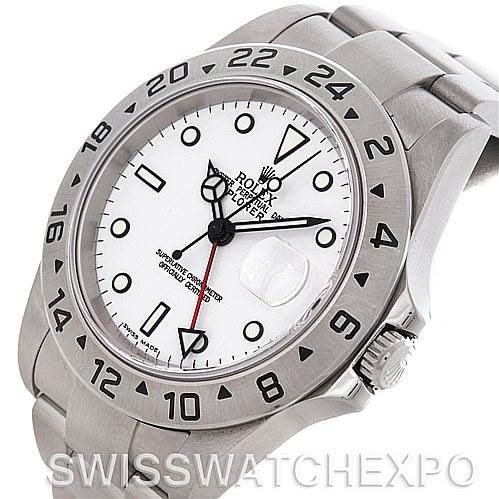 This image shows a Rolex Explorer 16570 Men's Stainless Steel White Dial 16570 Men's Stainless Steel White Dial watch from a semi-side angle, highlighting the bezel, dial, crown, and part of the bracelet.