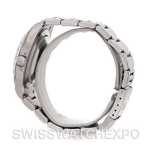 The image shows a side view of a Rolex Explorer 16570 Men's Stainless Steel White Dial 16570 Men's Stainless Steel White Dial watch, highlighting its bracelet, case, and crown.