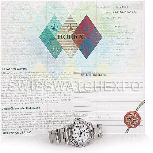 The image shows a Rolex Explorer 16570 Men's Stainless Steel White Dial 16570 Men's Stainless Steel White Dial watch and its documentation, including a certificate, viewed from the front.